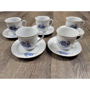 Handpainted Romania Blue Fine Porcelain Tea Cups Saucers 10 Pieces Vintage White